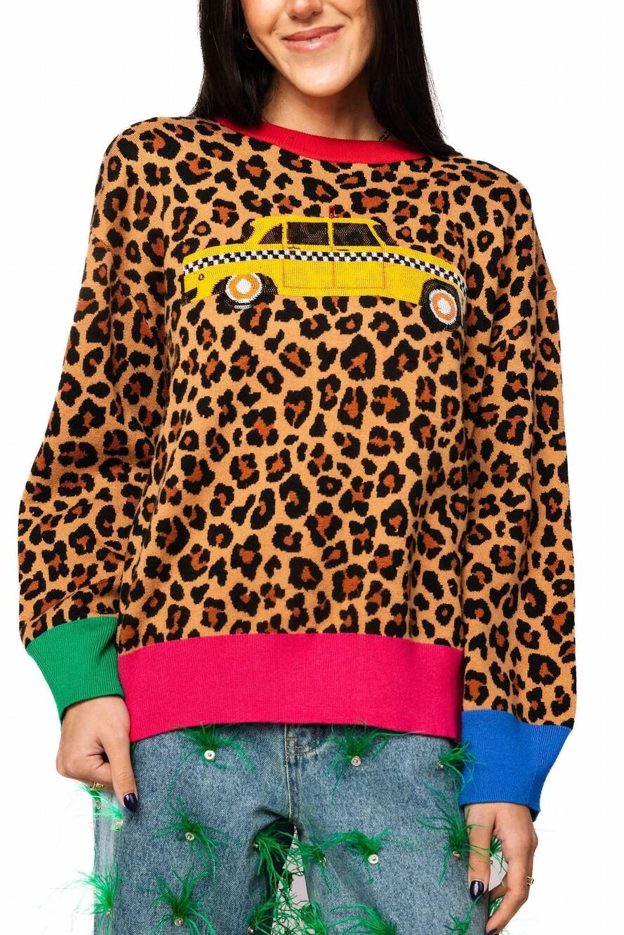 NEW QUEEN OF SPARKLES leopard colorblock trim taxi cab sweater in brown